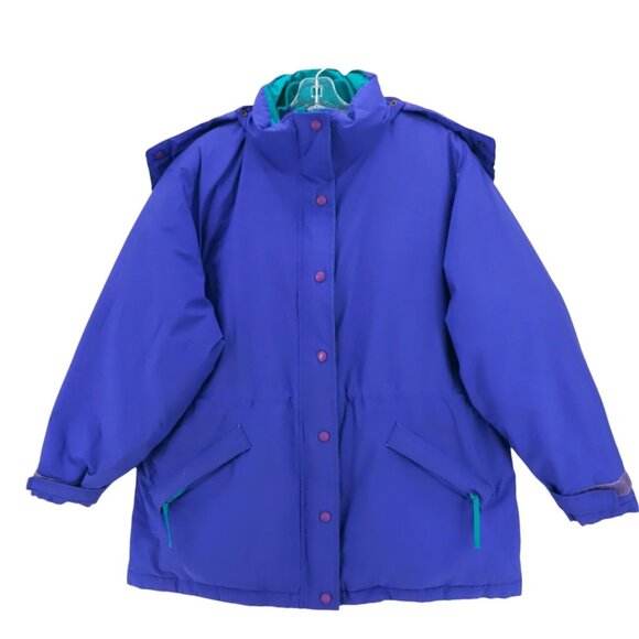 CABELAS Goretex Goose Down Hooded Jacket Purple Green Trim Women's XL - Picture 1 of 11